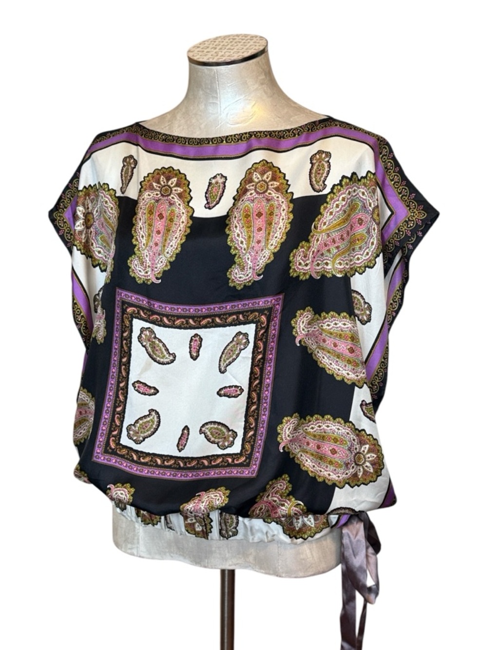 ETRO Milano Women’s Silk Paisley Scarf Blouse Black Purple Gold It side tie S/M